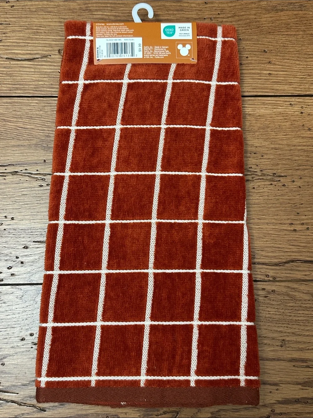 Disney Rust Orange Grid Hand Towel with Leaf Mickey Patch